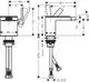 Einhebel-Bidetmischer von AXOR mit Push-Open Ablaufgarnitur, dargestellt in einer technischen Zeichnung mit Maßen und Anschlussdetails.